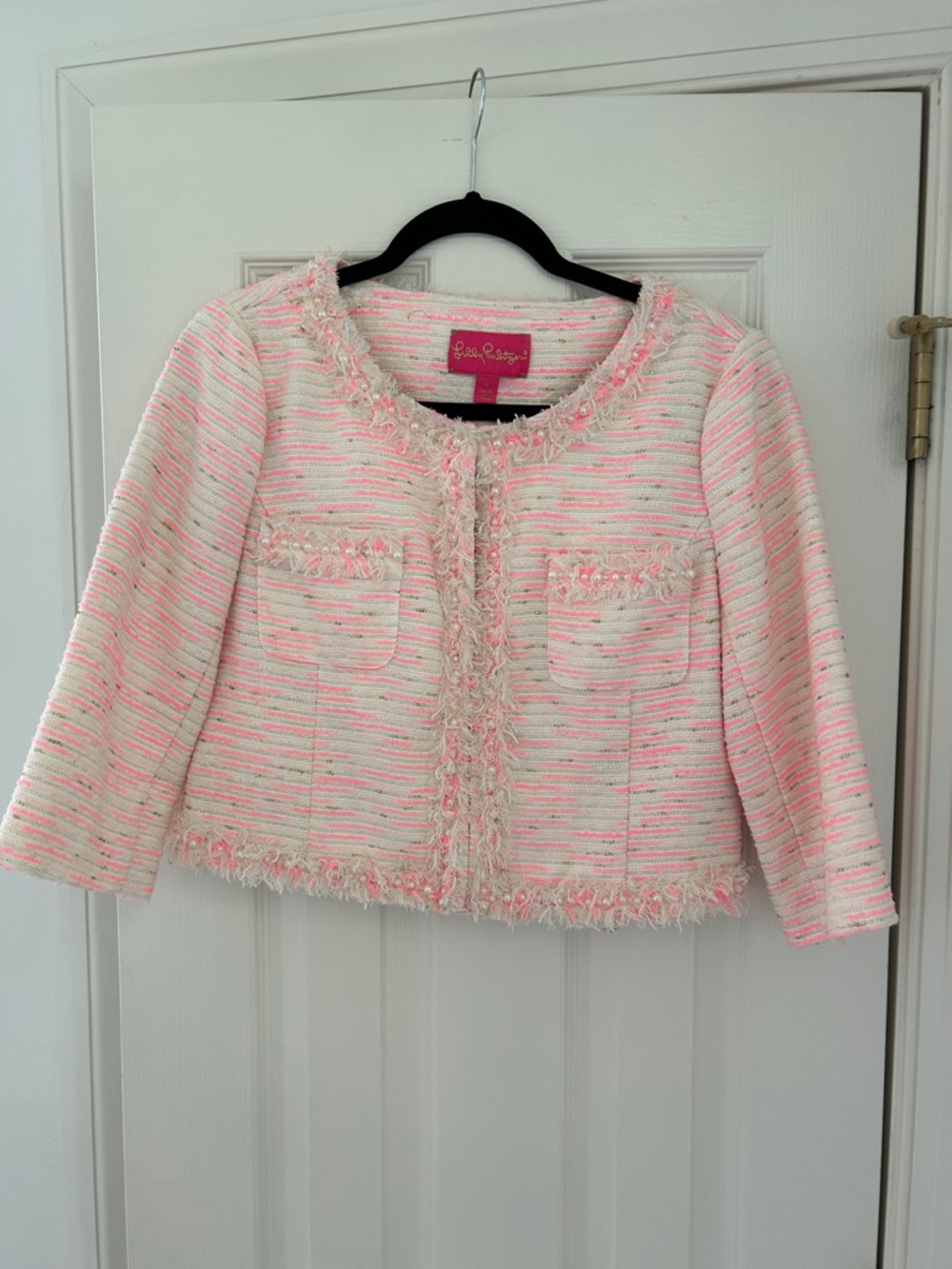 Lilly Pulitzer Pink & Cream Boucle Fringe Jacket with Pearl details